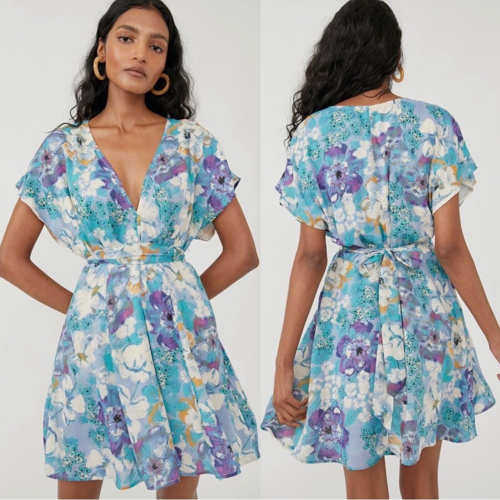 NEW Free People Freddy Tie Waist Mini Dress in Blue Floral - S